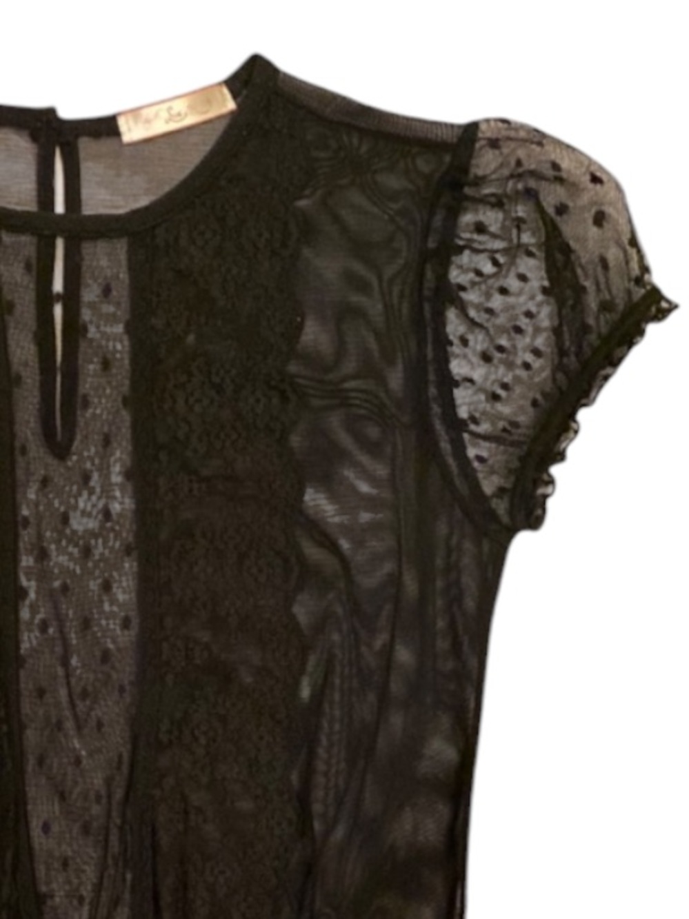 Rare LUX VTG Sheer Black Lace Peplum Cinched/Waist Cap/Sleeve Mesh Polka Dots - Picture 3 of 5